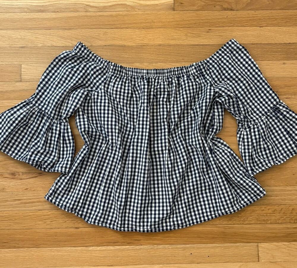 Women’s Gingham Off Shoulder Top Adjustable Navy White 3x Cottage Americana